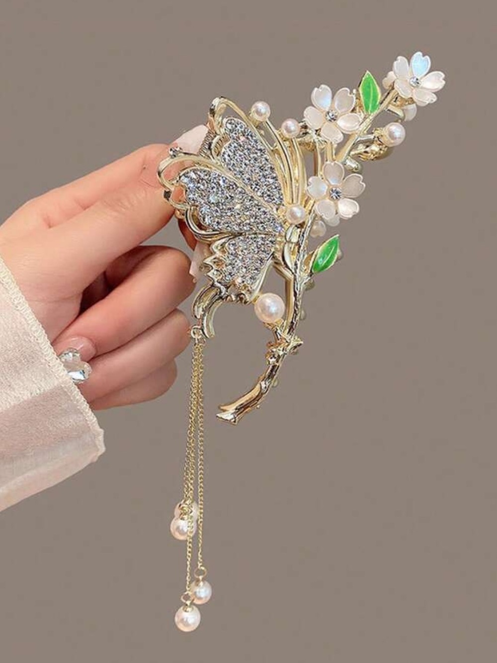Gold Butterfly & Floral Pearl Hair Clip - Elegant Women’s Accessory